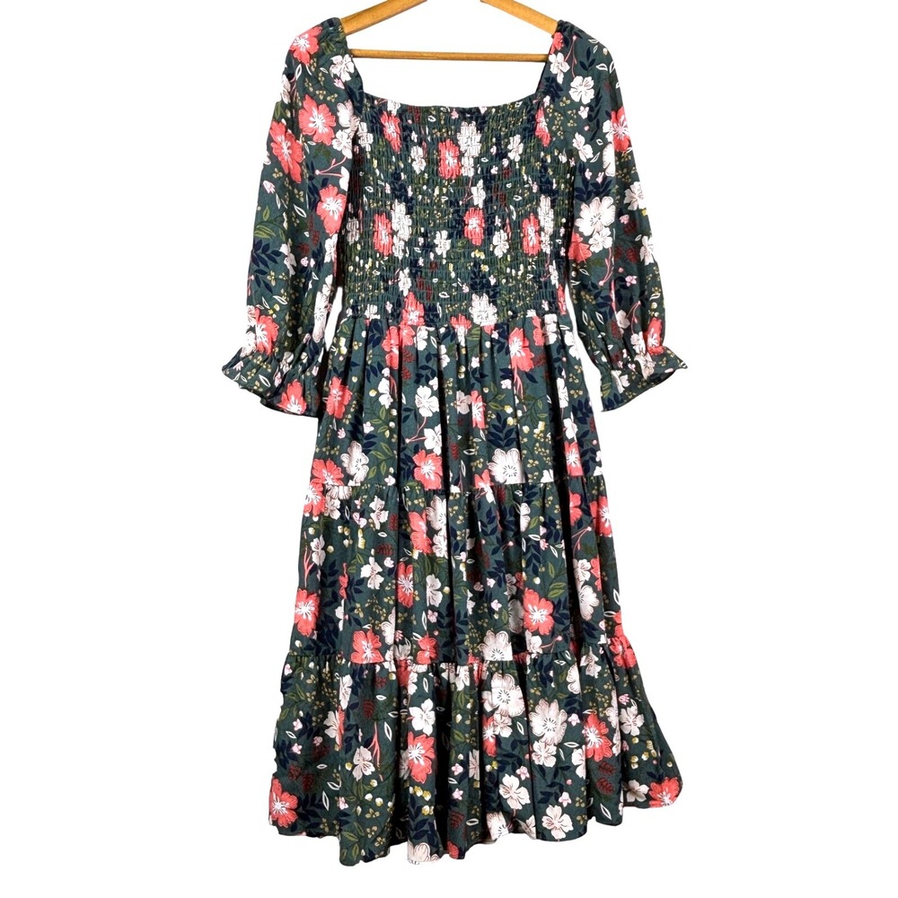 Baltic Born Women ¾ Puff Sleeve Tiered Midi Dress Smocked Sz M Milkmaid Y2K